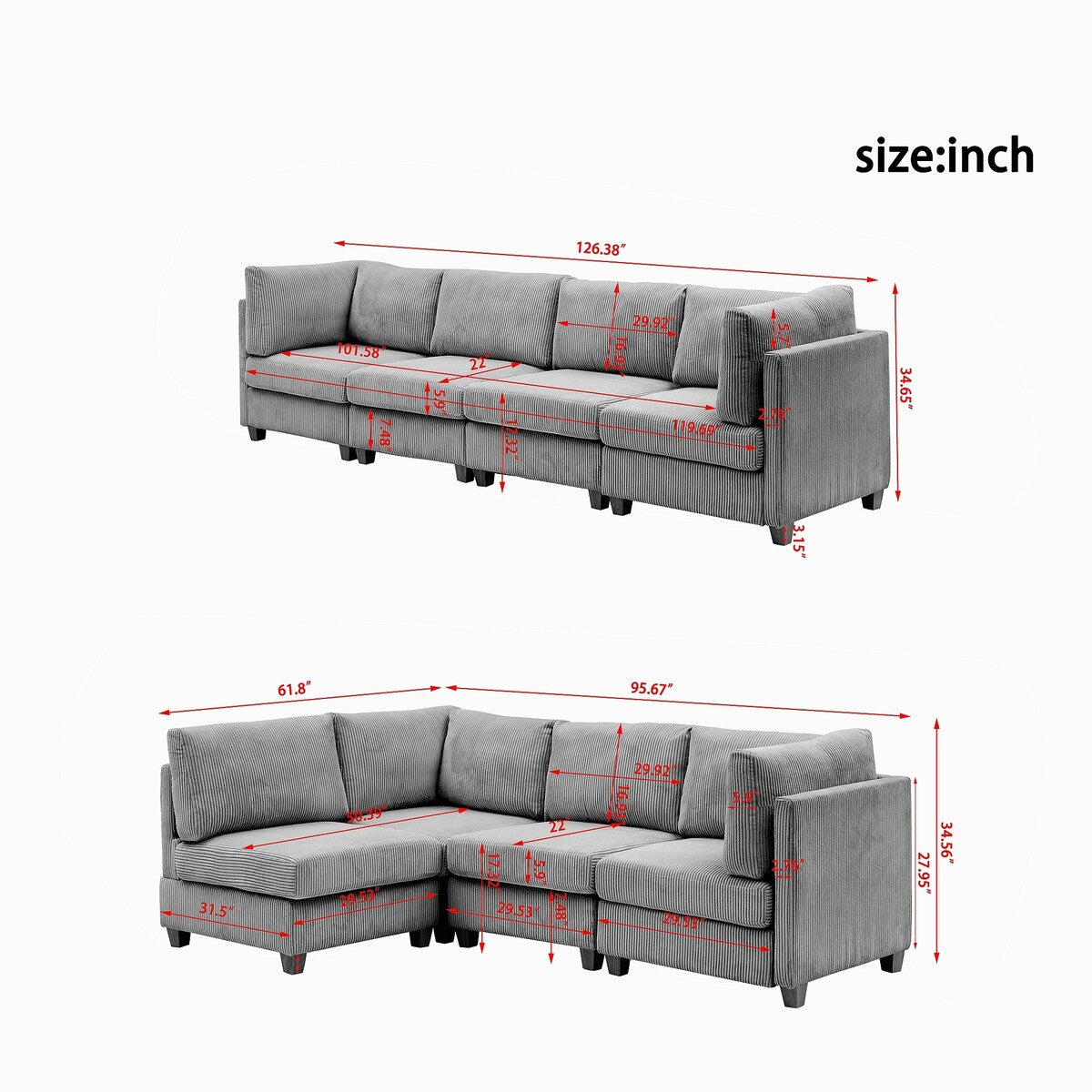 Dark Gray Convertible L Shape Sofa Corduroy Fabric Multi-person Combination