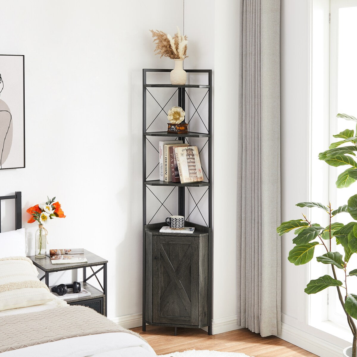 Dark Grey 5-Tier Corner Cabinet Bookshelf Stand Storage Rack