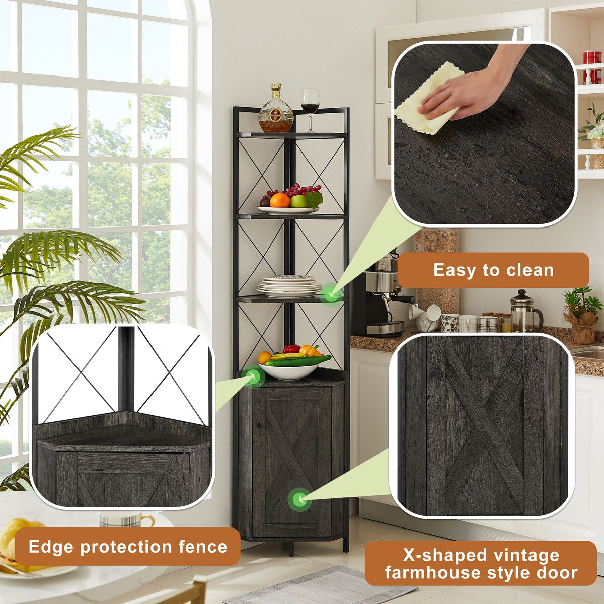 Dark Grey 5-Tier Corner Cabinet Bookshelf Stand Storage Rack
