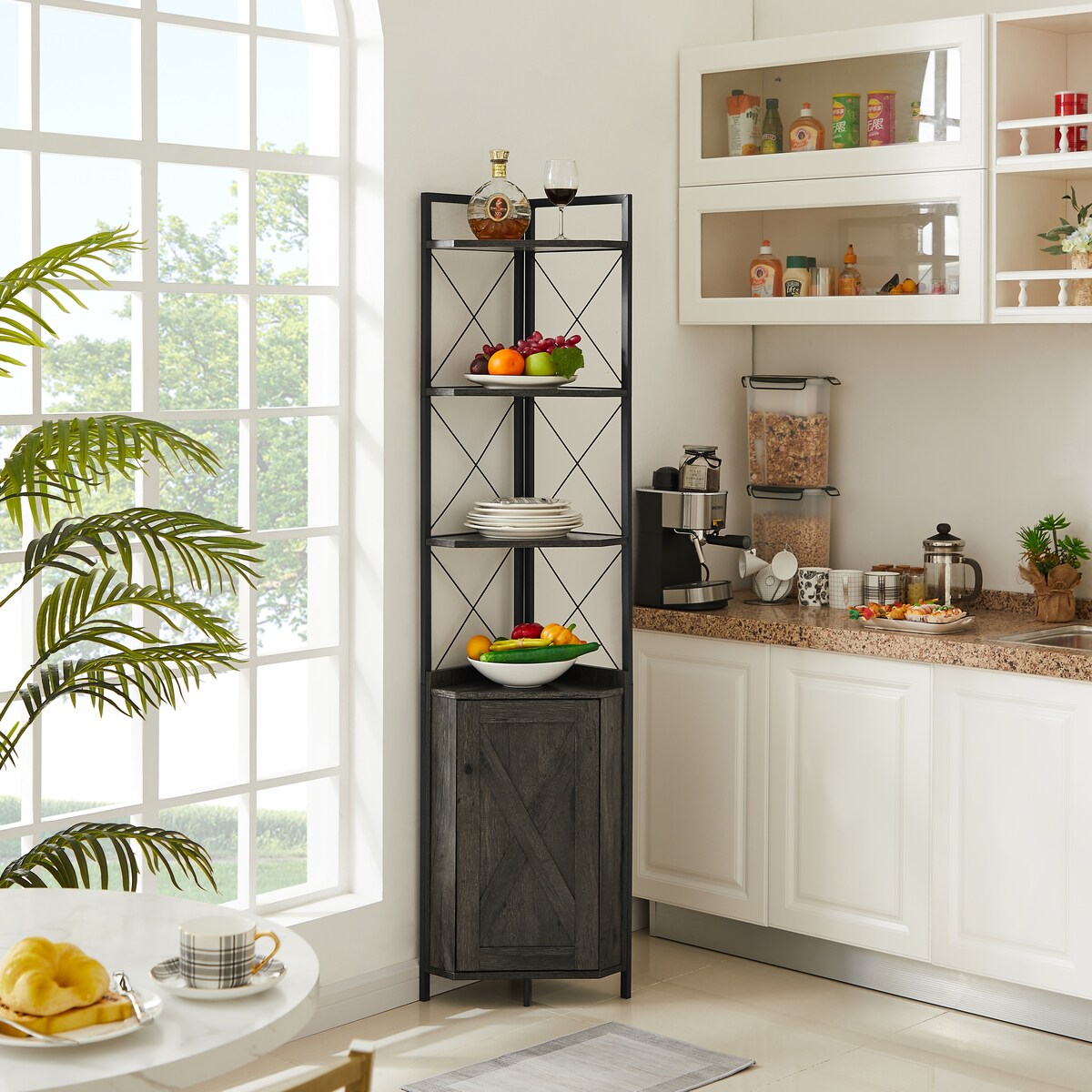 Dark Grey 5-Tier Corner Cabinet Bookshelf Stand Storage Rack