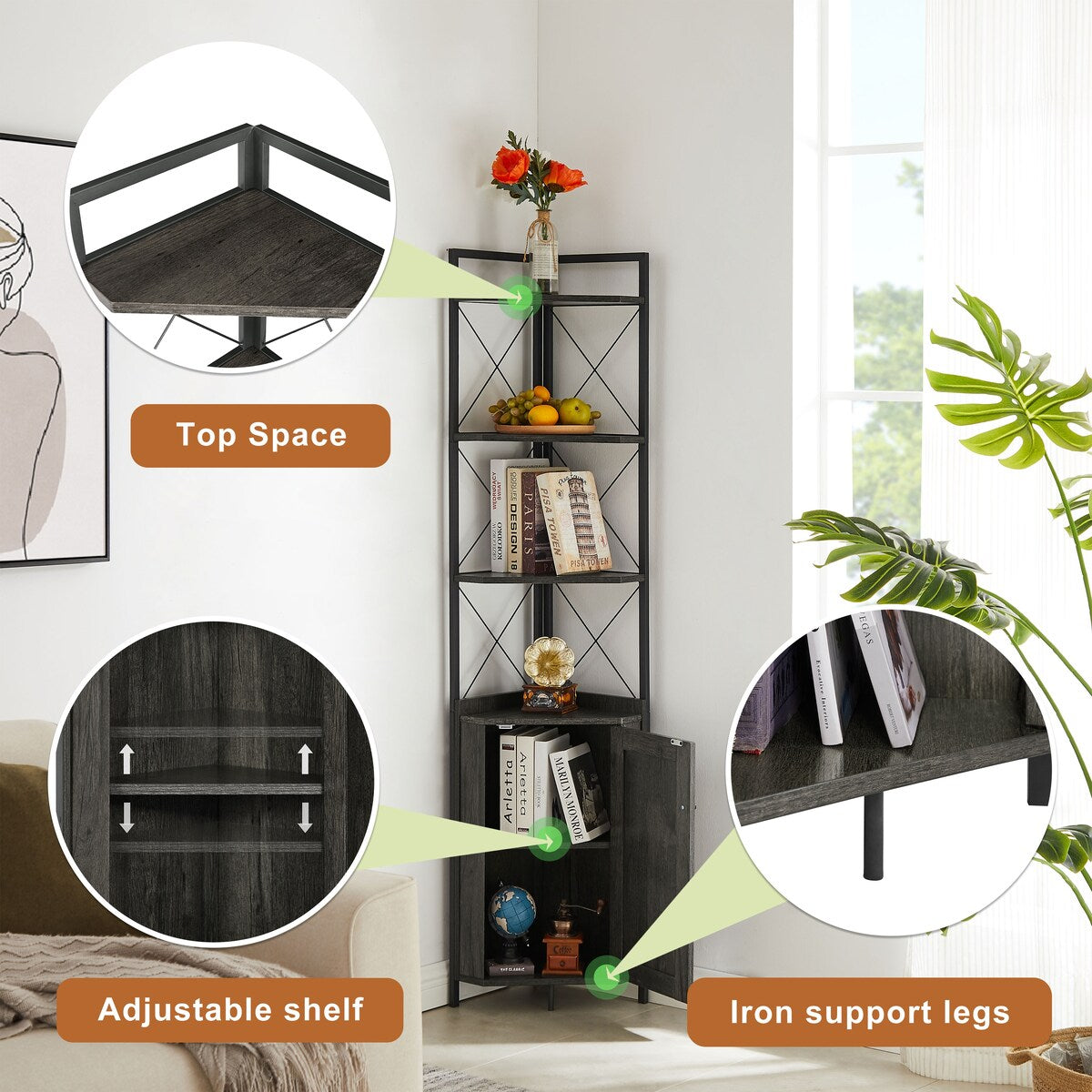 Dark Grey 5-Tier Corner Cabinet Bookshelf Stand Storage Rack
