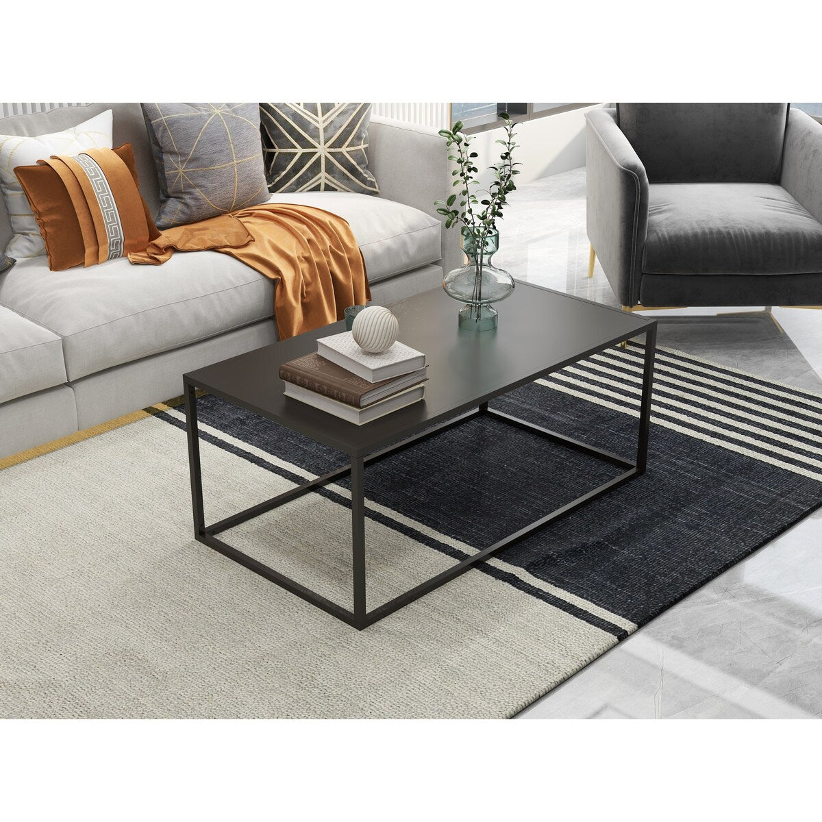 Dark Marble Rectangular Coffee Table with black Metal Leg for Living Room