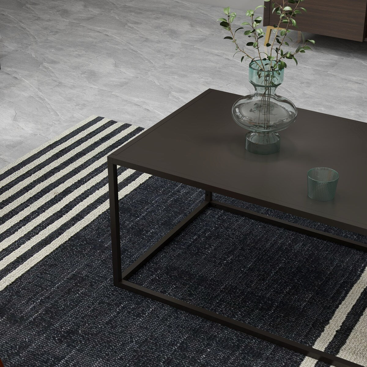 Dark Marble Rectangular Coffee Table with black Metal Leg for Living Room