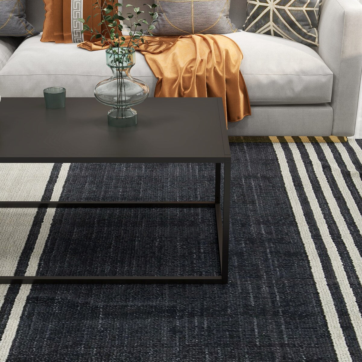 Dark Marble Rectangular Coffee Table with black Metal Leg for Living Room
