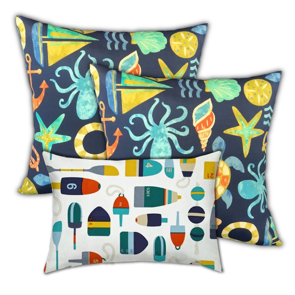 Dark Ocean Markers Indoor/Outdoor Pillow, Set of 2 Large & 1 Lumbar Pillow