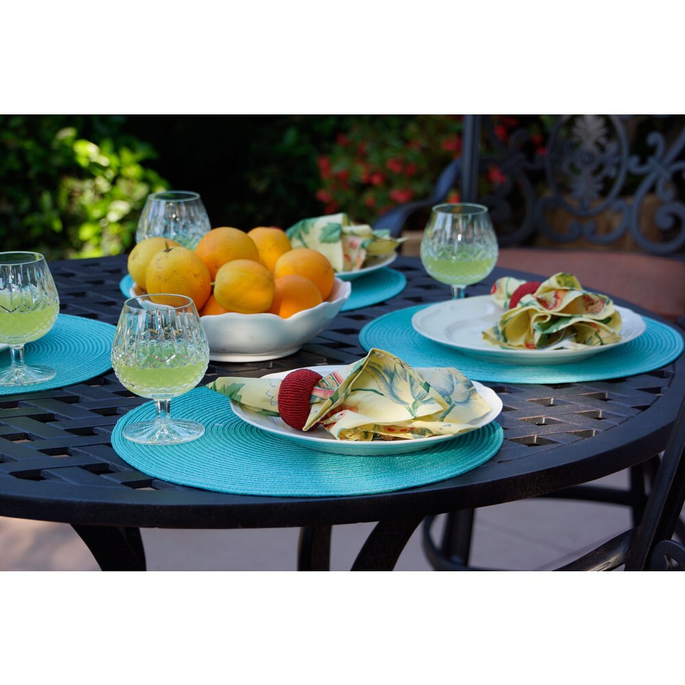 Darlee St. Cruz Antique Bronze Finish Cast Aluminum 5-piece Bar Set, Spicy Chili Seat Cushions, and 42-inch Round Bar Table