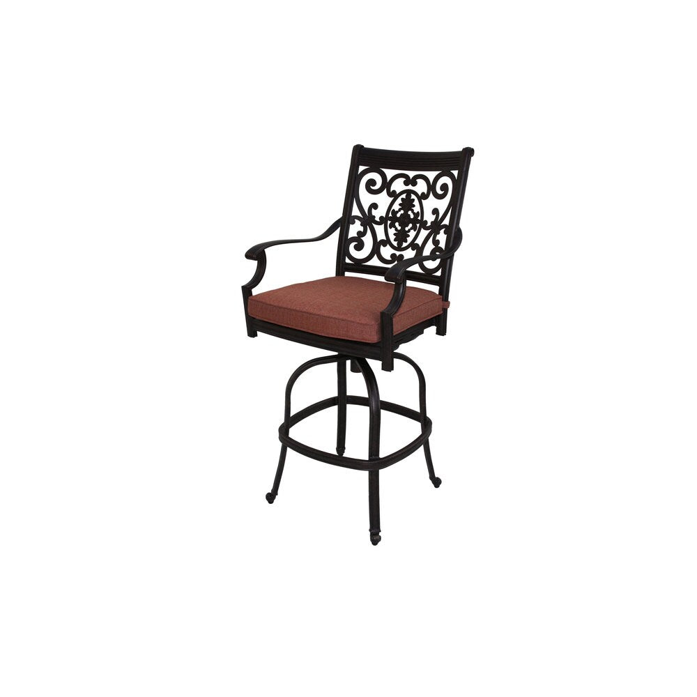 Darlee St. Cruz Antique Bronze Finish Cast Aluminum 5-piece Bar Set, Spicy Chili Seat Cushions, and 42-inch Round Bar Table