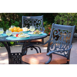 Darlee St. Cruz Antique Bronze Finish Cast Aluminum 5-piece Bar Set, Spicy Chili Seat Cushions, and 42-inch Round Bar Table