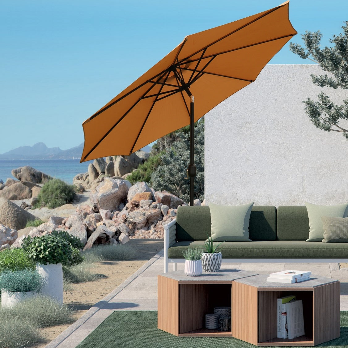 9 Ft Tan Patio Umbrella with Tilt and Crank