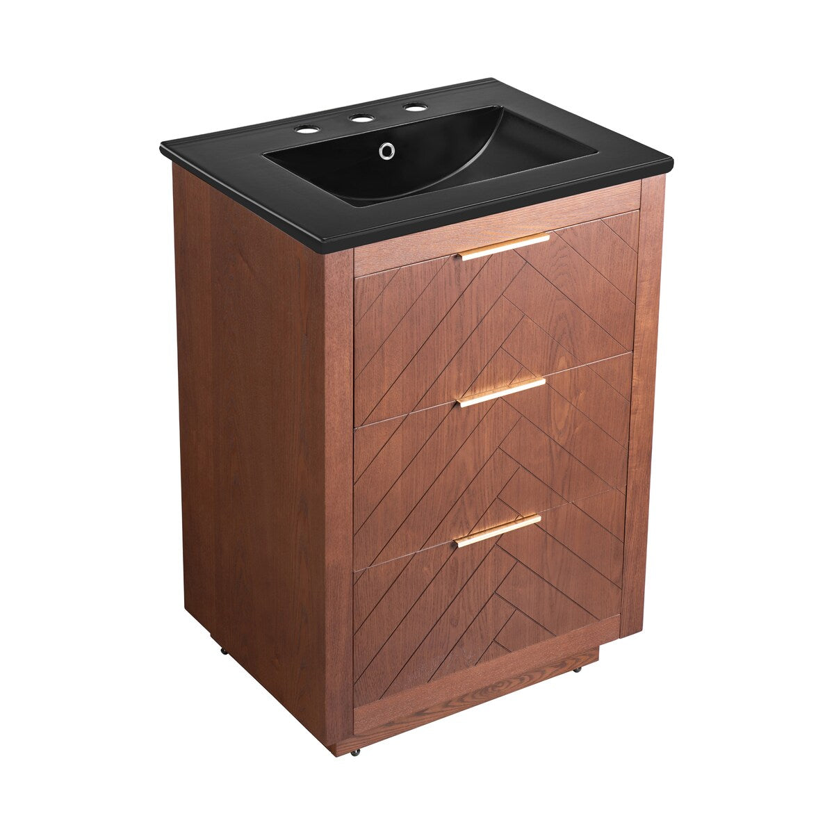 Daxton 24 In. Brown Walnut Bathroom Vanity With Black, 3-Hole Ceramic Sink Top