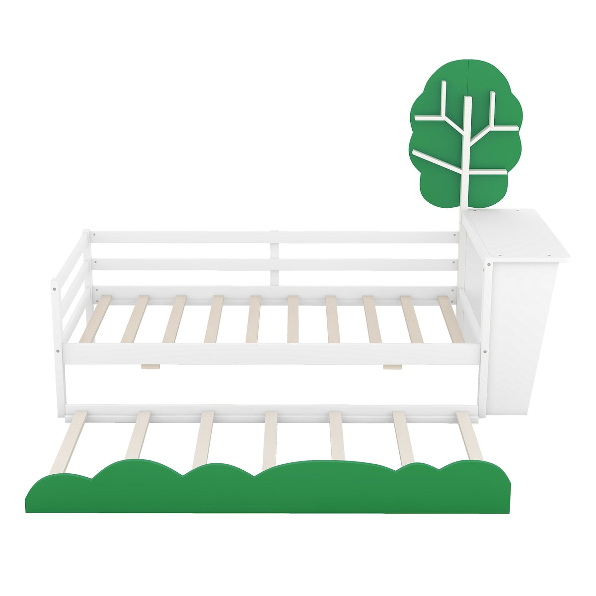 Daybed with Desk, Green Tree Shape Shelves and Trundle