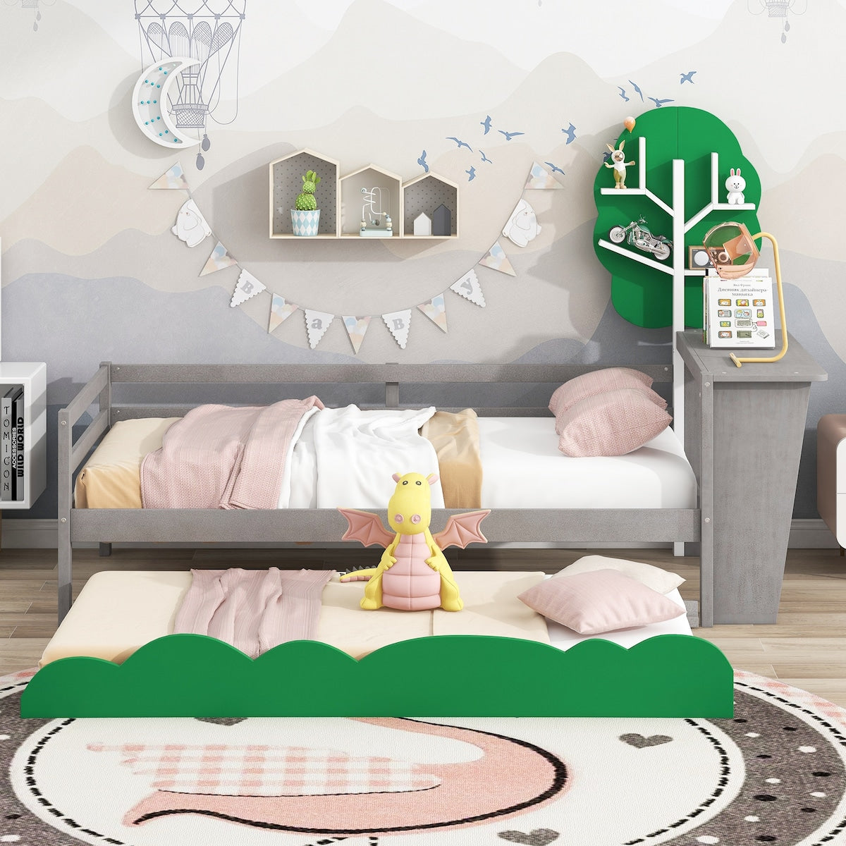 Daybed with Desk, Green Tree Shape Shelves and Trundle