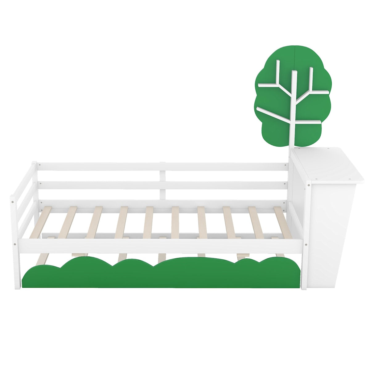 Daybed with Desk, Green Tree Shape Shelves and Trundle