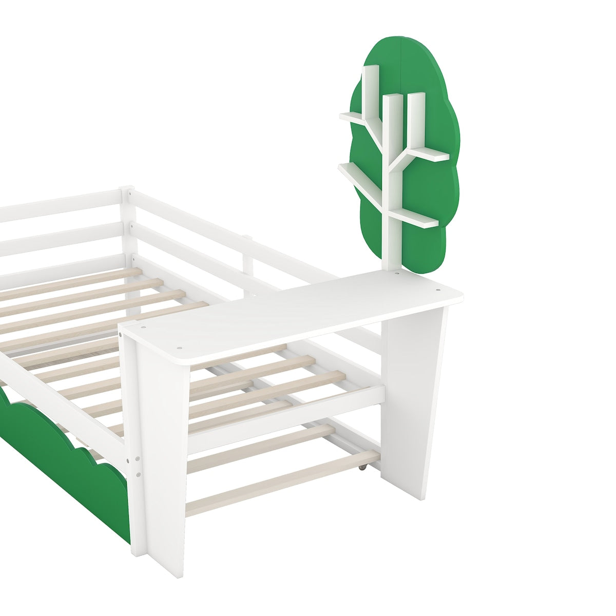 Daybed with Desk, Green Tree Shape Shelves and Trundle