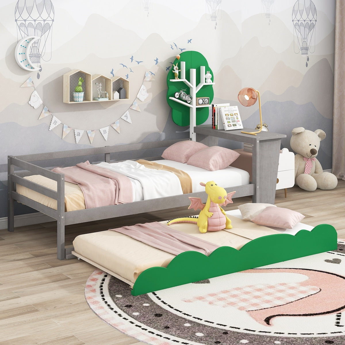 Daybed with Desk, Green Tree Shape Shelves and Trundle