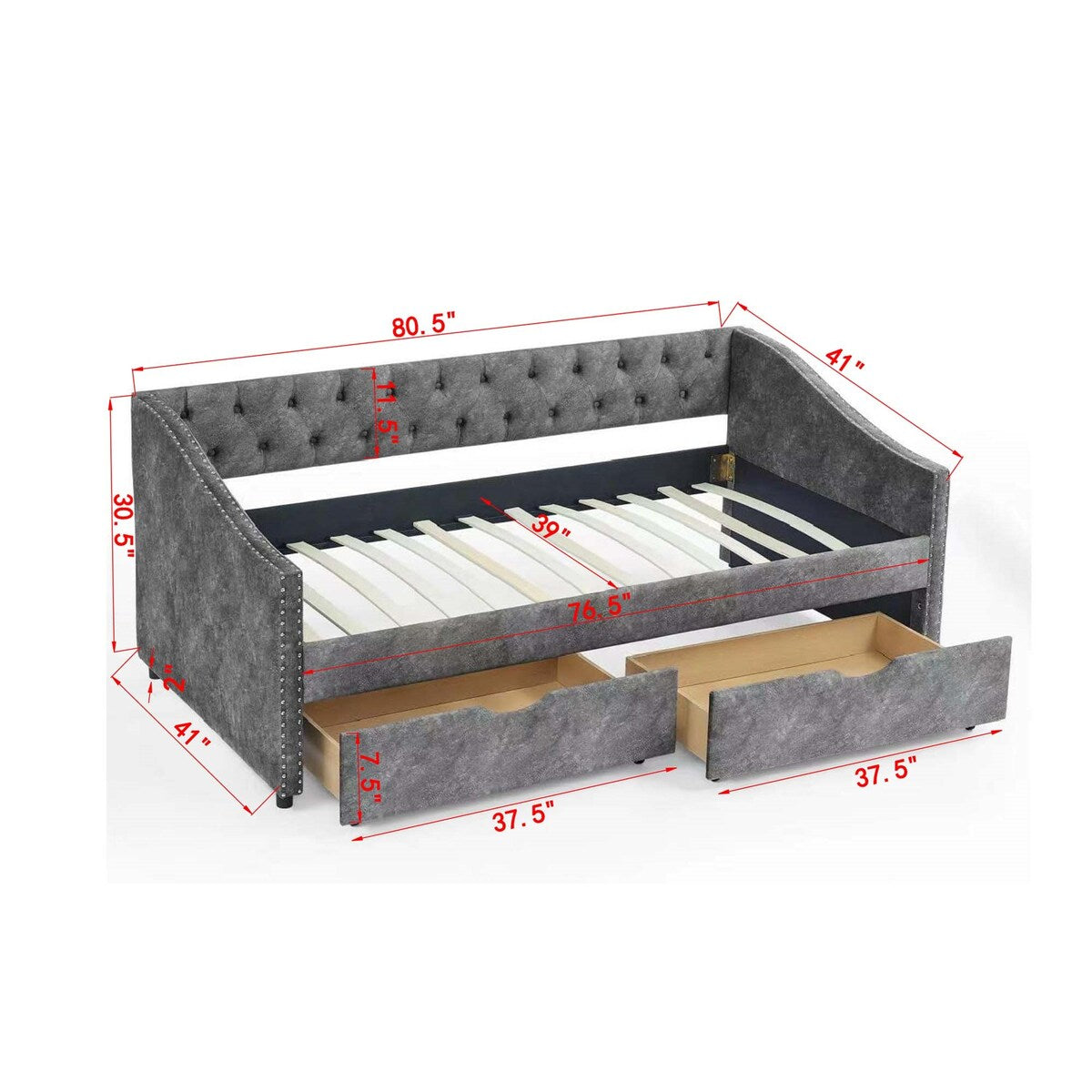 Daybed with Drawers Upholstered Tufted Sofa Bed,,with Button on Back and Copper Nail on Waved Shape Arms