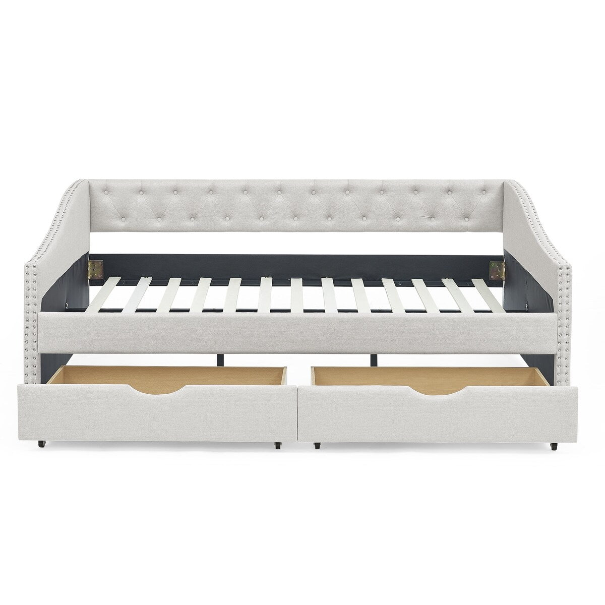 Daybed with Drawers Upholstered Tufted Sofa Bed,,with Button on Back and Copper Nail on Waved Shape Arms