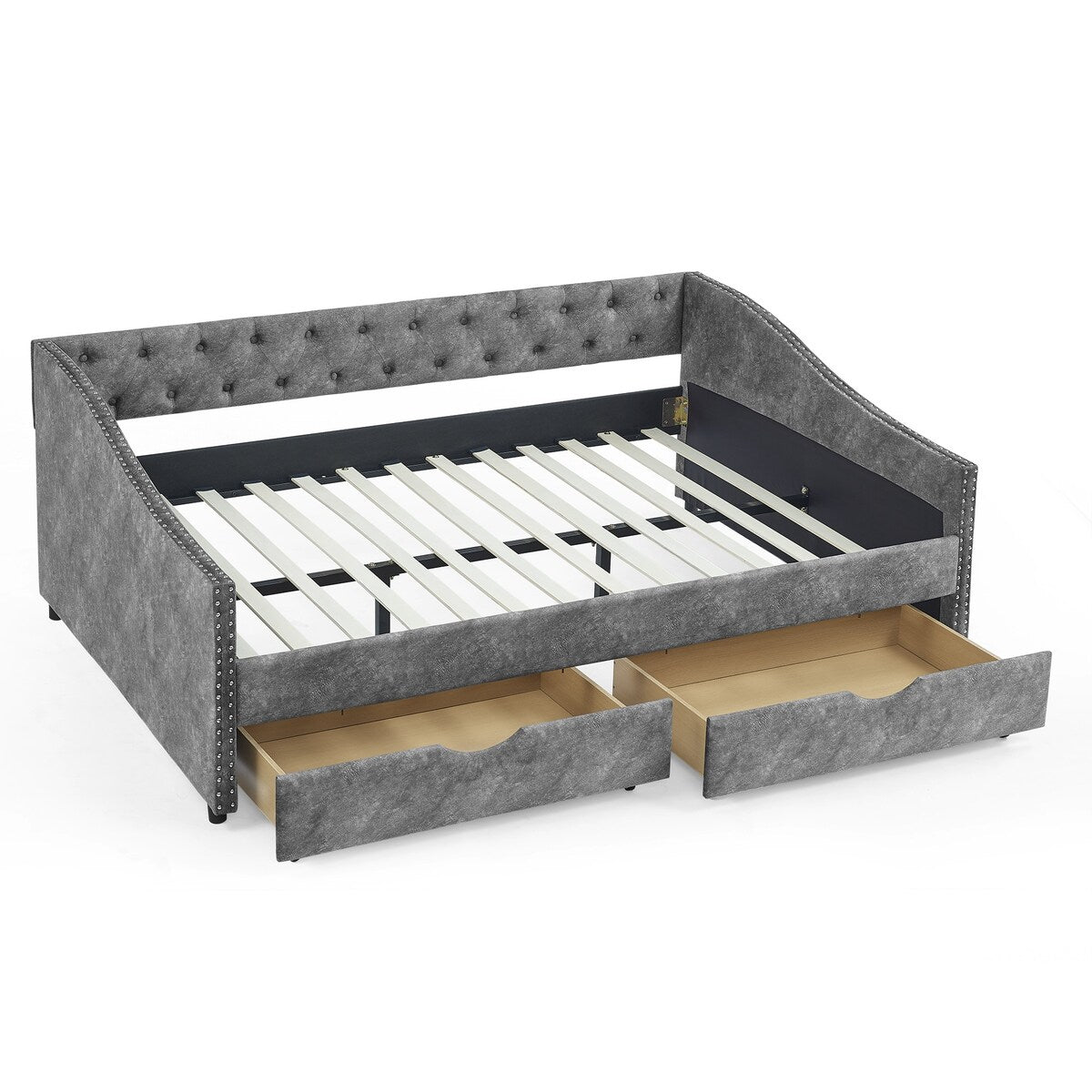 Daybed with Drawers Upholstered Tufted Sofa Bed,,with Button on Back and Copper Nail on Waved Shape Arms