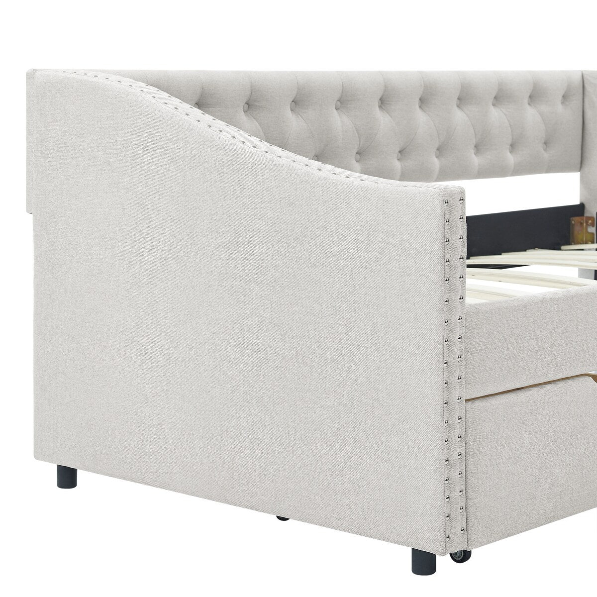 Daybed with Drawers Upholstered Tufted Sofa Bed,,with Button on Back and Copper Nail on Waved Shape Arms