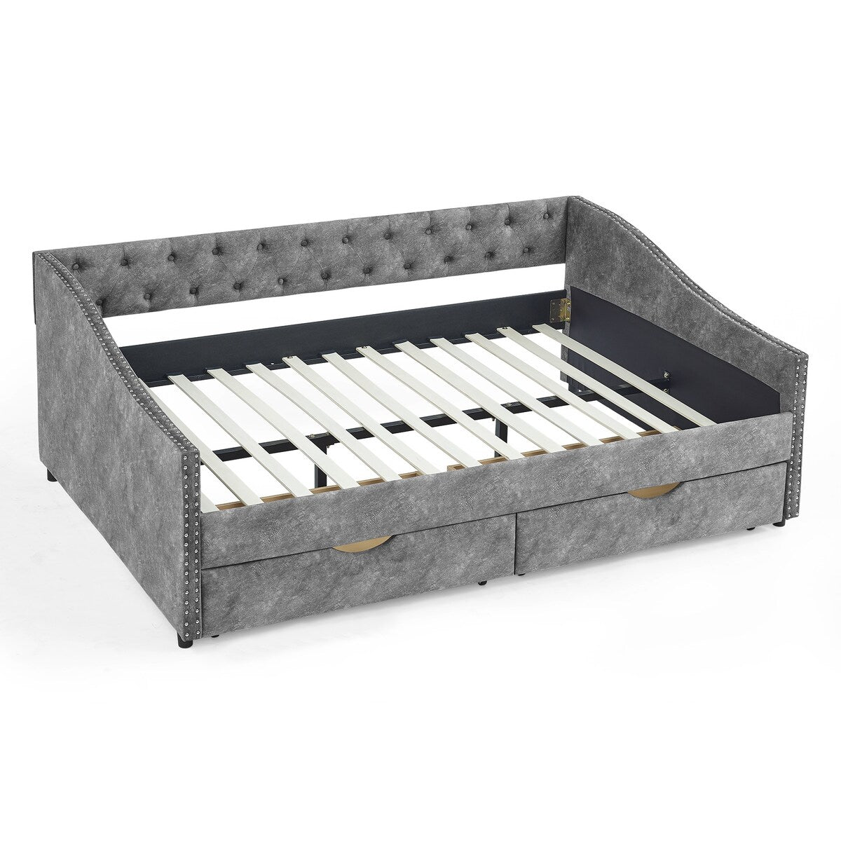 Daybed with Drawers Upholstered Tufted Sofa Bed,,with Button on Back and Copper Nail on Waved Shape Arms