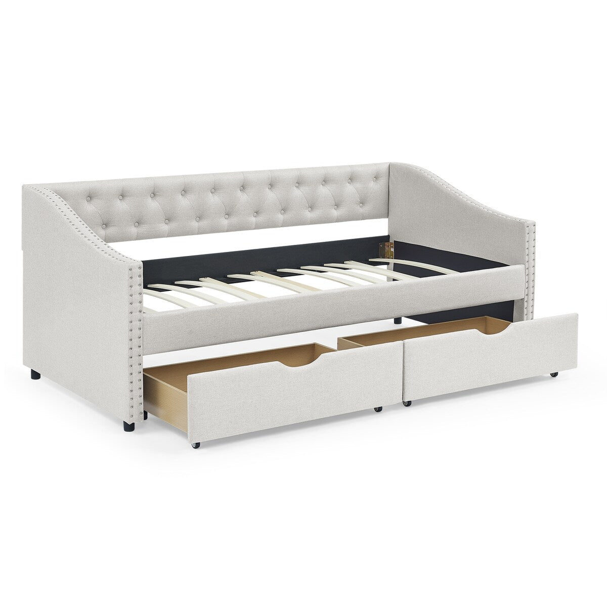 Daybed with Drawers Upholstered Tufted Sofa Bed,,with Button on Back and Copper Nail on Waved Shape Arms