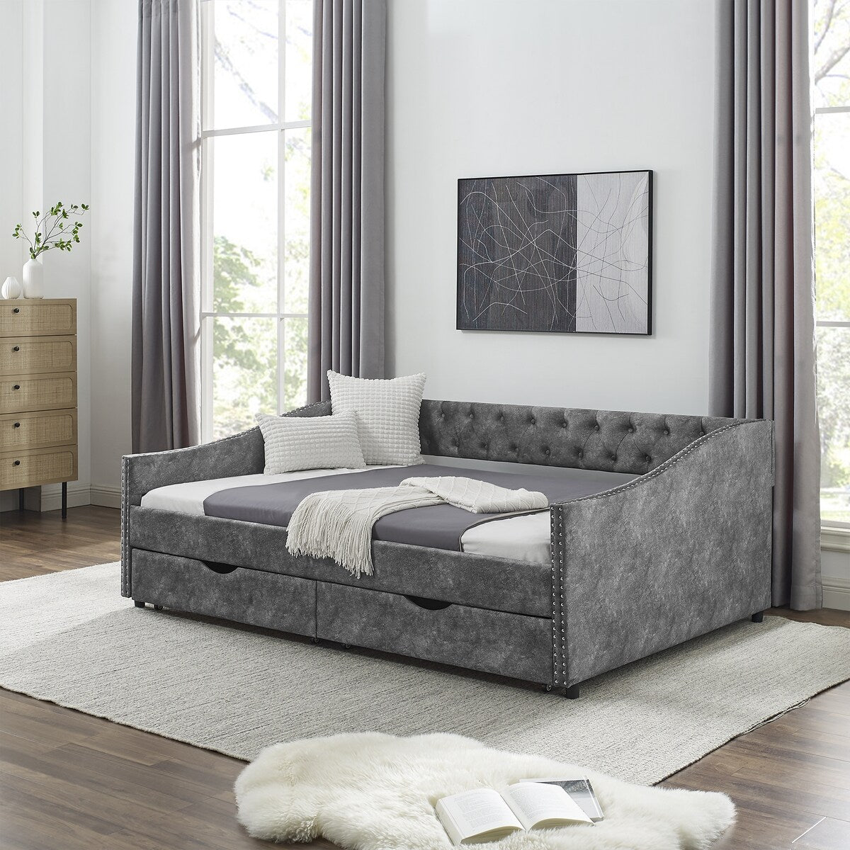 Daybed with Drawers Upholstered Tufted Sofa Bed,,with Button on Back and Copper Nail on Waved Shape Arms