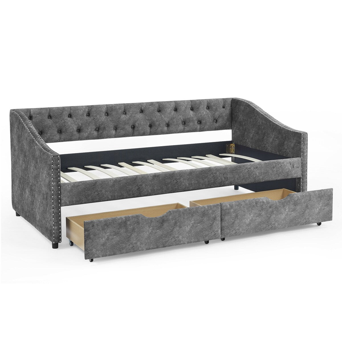 Daybed with Drawers Upholstered Tufted Sofa Bed,,with Button on Back and Copper Nail on Waved Shape Arms