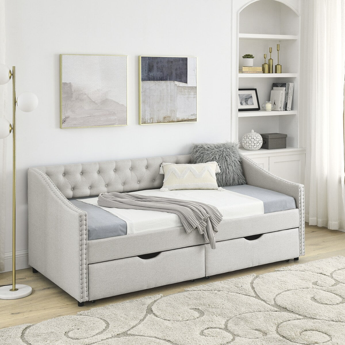Daybed with Drawers Upholstered Tufted Sofa Bed,,with Button on Back and Copper Nail on Waved Shape Arms