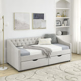 Daybed with Drawers Upholstered Tufted Sofa Bed,,with Button on Back and Copper Nail on Waved Shape Arms