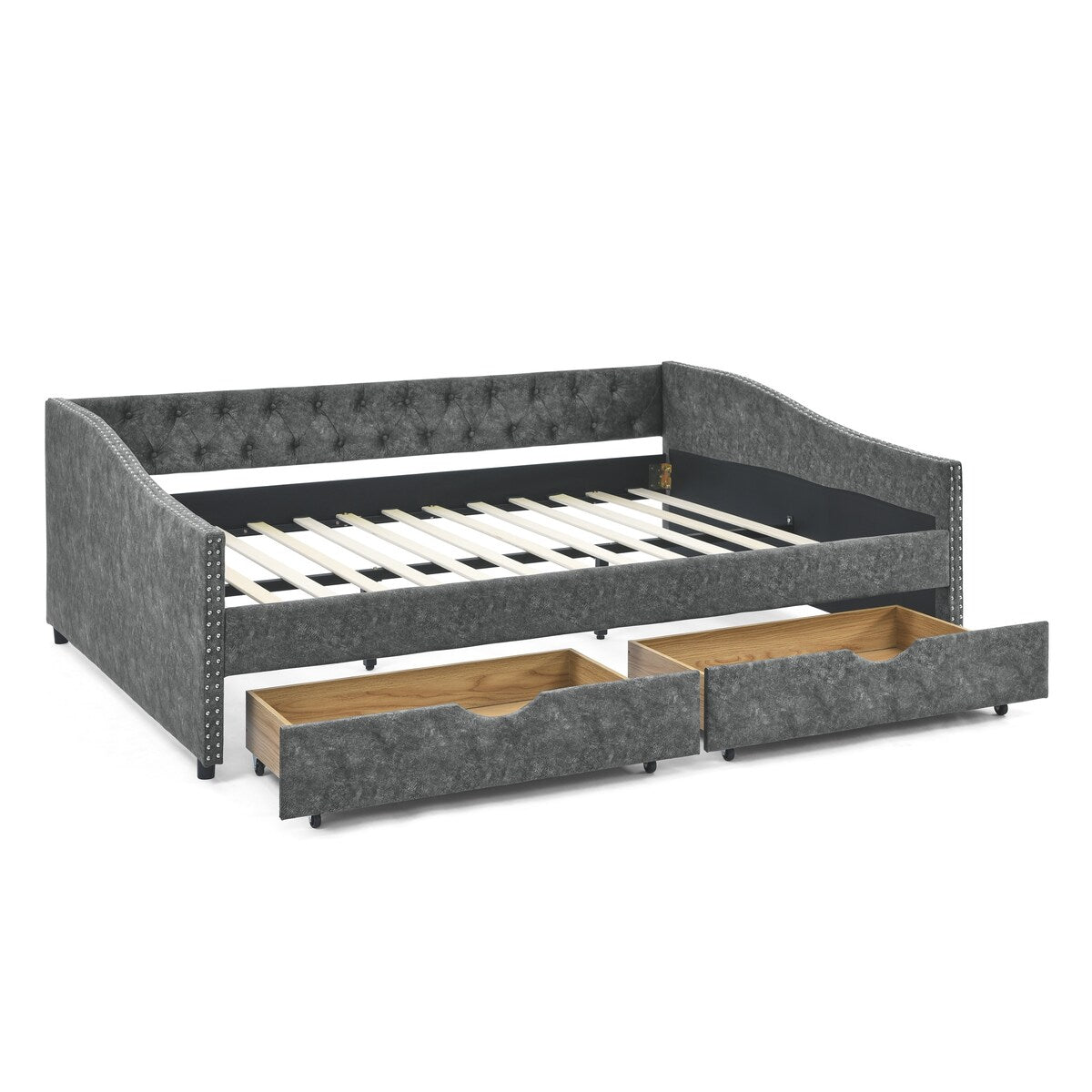 Daybed with Drawers Upholstered Tufted Sofa Bed,,with Button on Back and Copper Nail on Waved Shape Arms