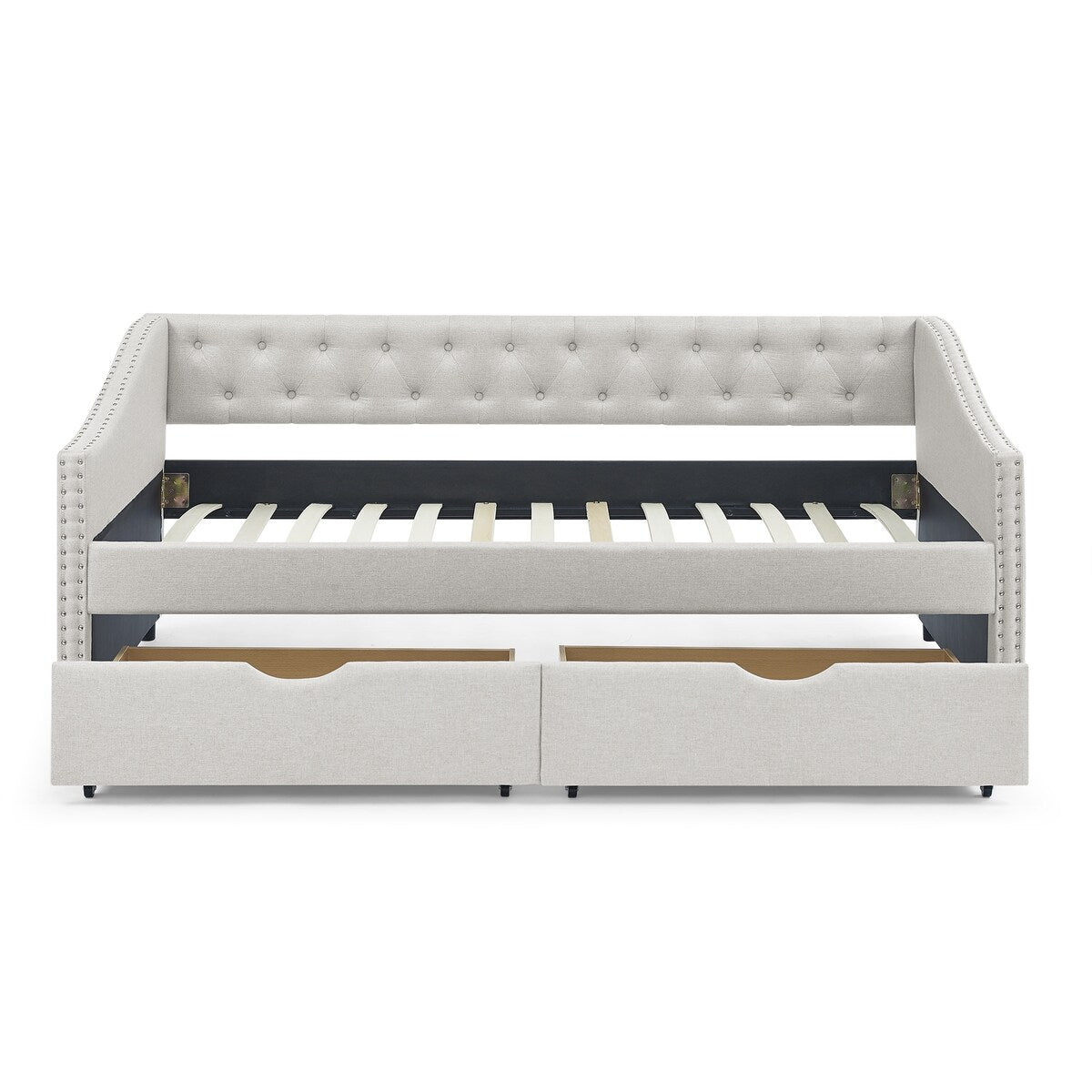 Daybed with Drawers Upholstered Tufted Sofa Bed,,with Button on Back and Copper Nail on Waved Shape Arms