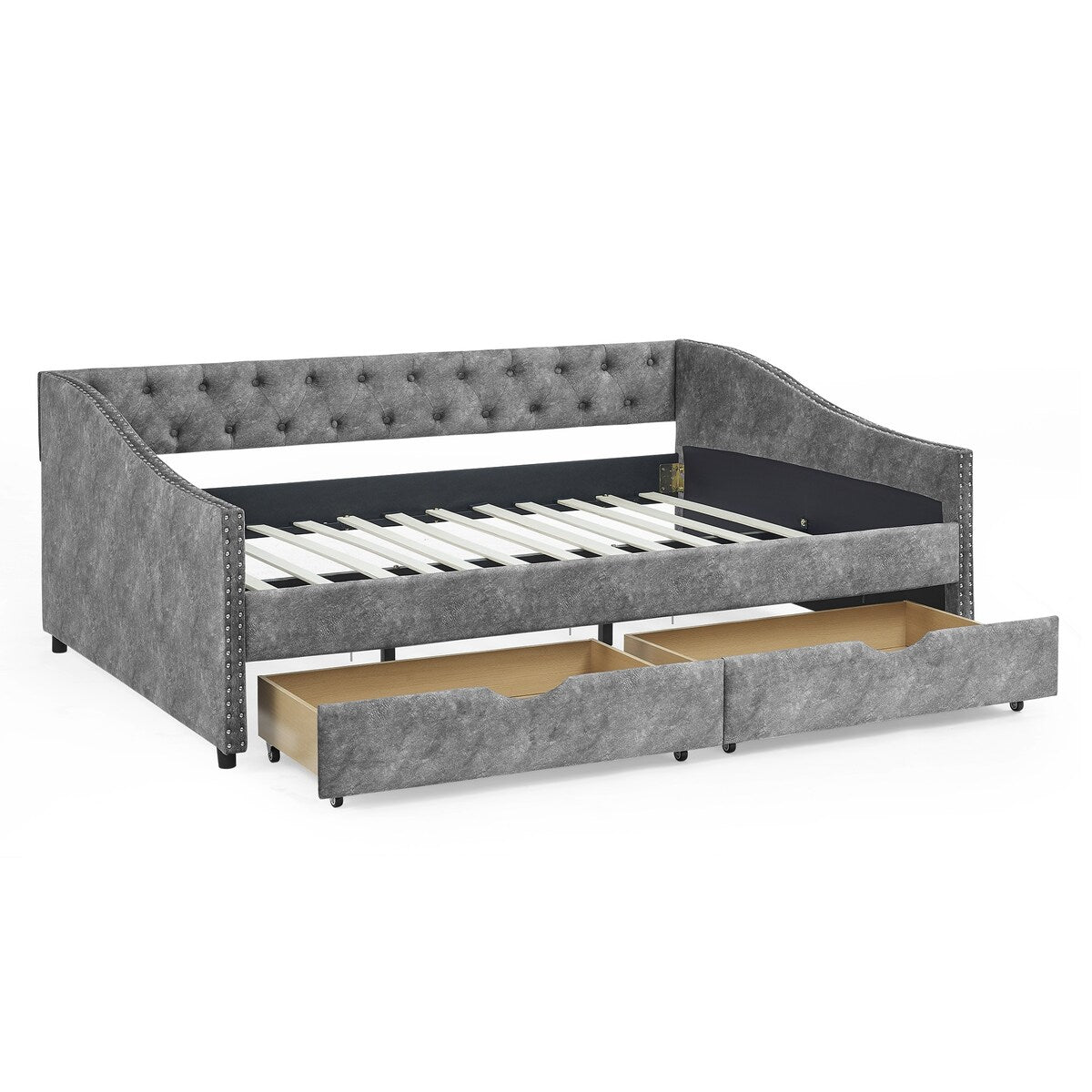 Daybed with Drawers Upholstered Tufted Sofa Bed,,with Button on Back and Copper Nail on Waved Shape Arms
