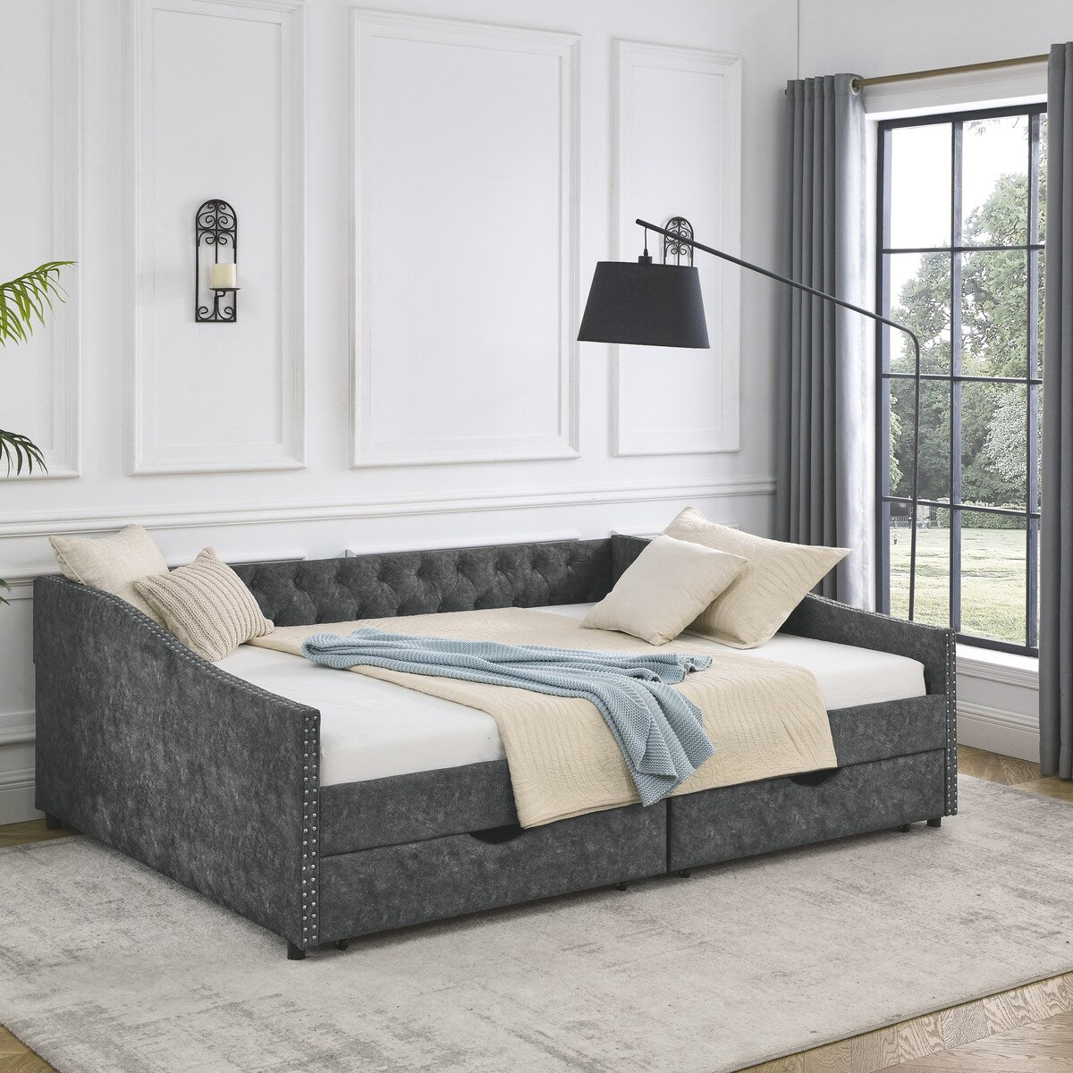 Daybed with Drawers Upholstered Tufted Sofa Bed,,with Button on Back and Copper Nail on Waved Shape Arms