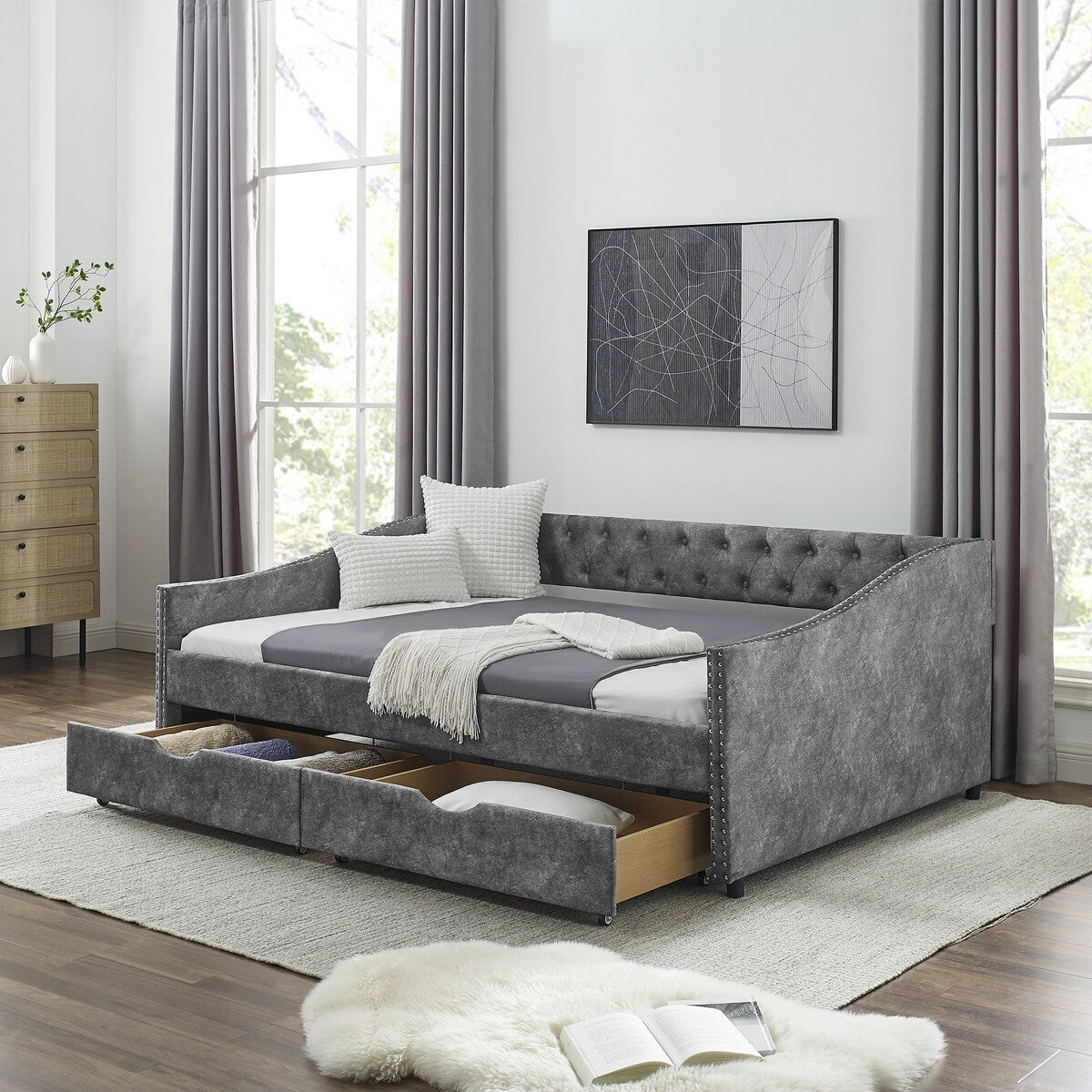 Daybed with Drawers Upholstered Tufted Sofa Bed,,with Button on Back and Copper Nail on Waved Shape Arms