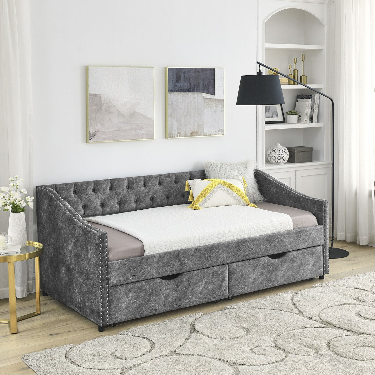 Daybed with Drawers Upholstered Tufted Sofa Bed,,with Button on Back and Copper Nail on Waved Shape Arms