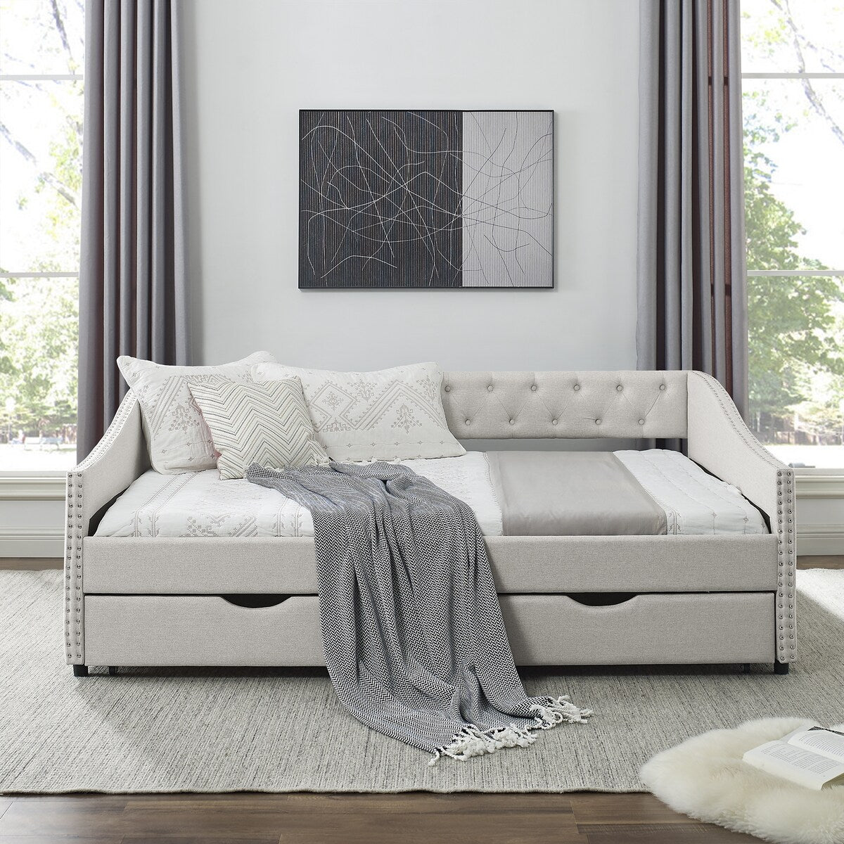 Daybed with Drawers Upholstered Tufted Sofa Bed,,with Button on Back and Copper Nail on Waved Shape Arms