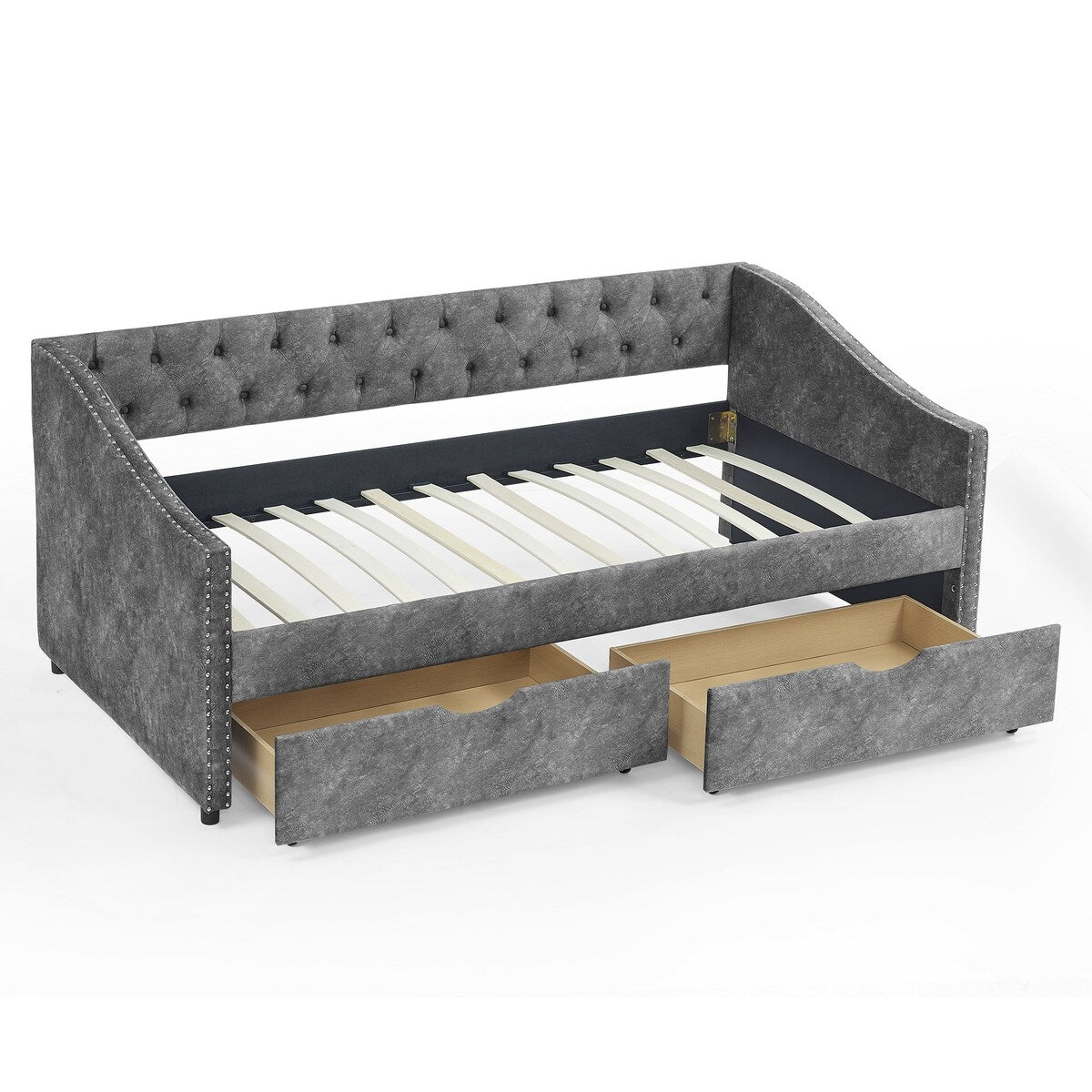 Daybed with Drawers Upholstered Tufted Sofa Bed,,with Button on Back and Copper Nail on Waved Shape Arms