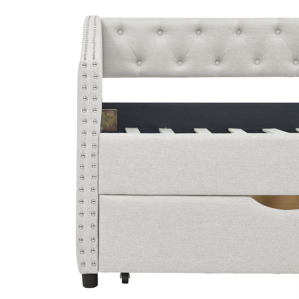 Daybed with Drawers Upholstered Tufted Sofa Bed,,with Button on Back and Copper Nail on Waved Shape Arms