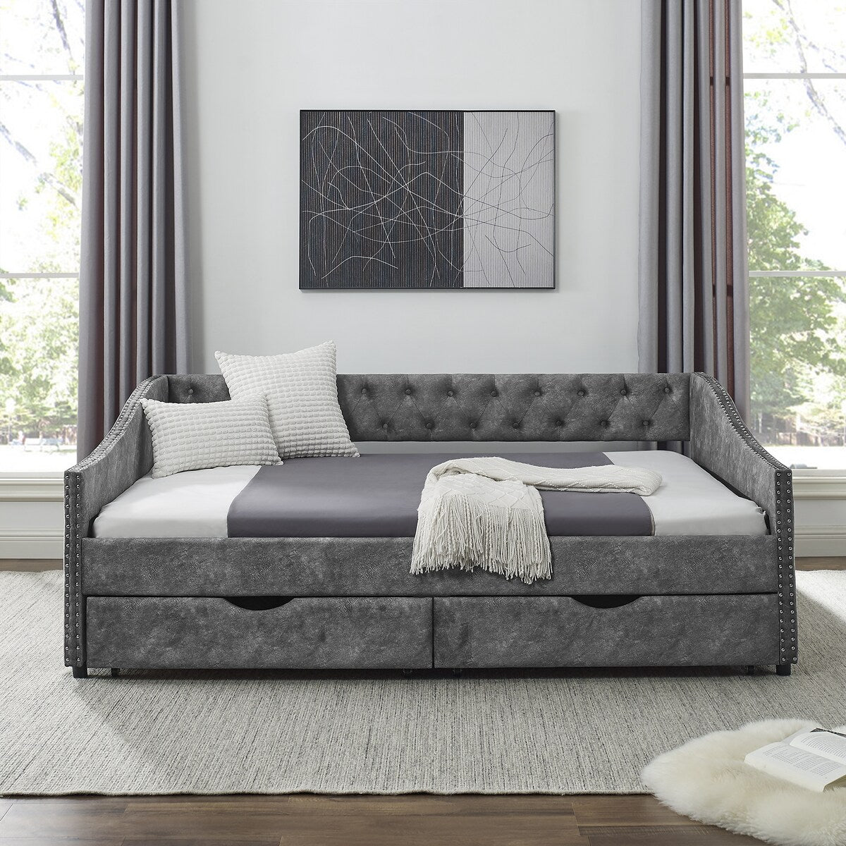 Daybed with Drawers Upholstered Tufted Sofa Bed,,with Button on Back and Copper Nail on Waved Shape Arms