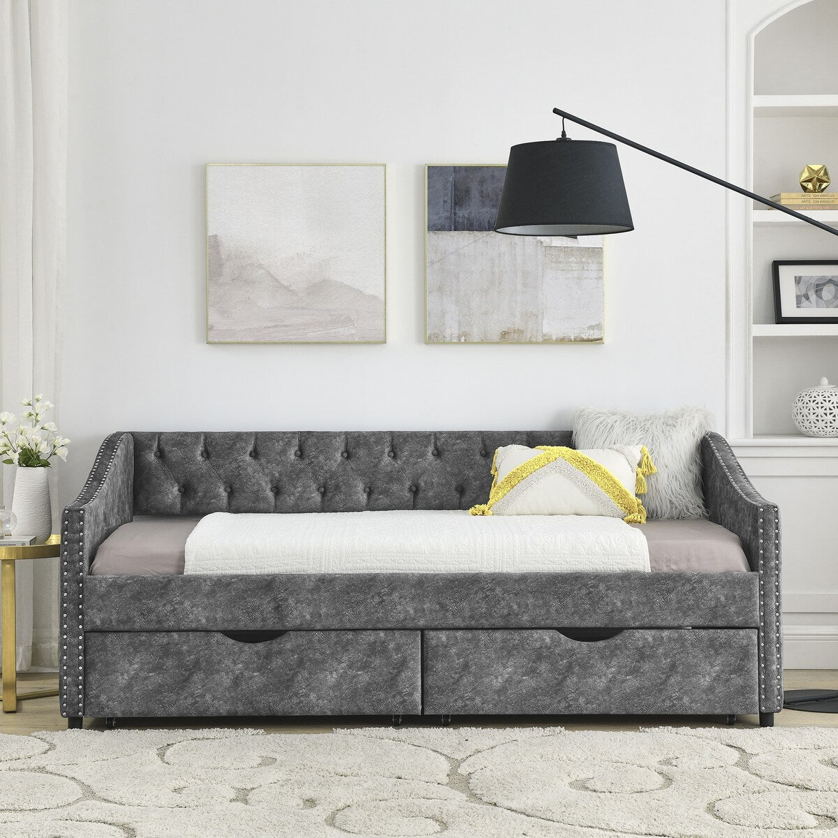 Daybed with Drawers Upholstered Tufted Sofa Bed,,with Button on Back and Copper Nail on Waved Shape Arms