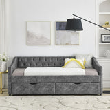 Daybed with Drawers Upholstered Tufted Sofa Bed,,with Button on Back and Copper Nail on Waved Shape Arms