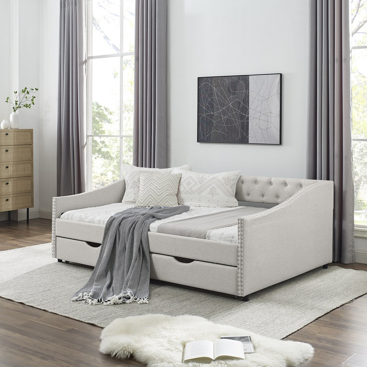 Daybed with Drawers Upholstered Tufted Sofa Bed,,with Button on Back and Copper Nail on Waved Shape Arms