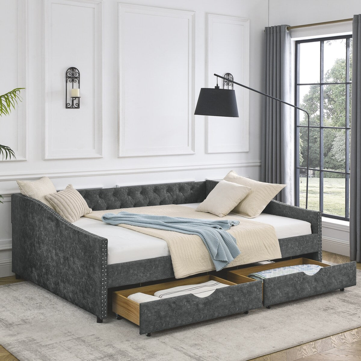 Daybed with Drawers Upholstered Tufted Sofa Bed,,with Button on Back and Copper Nail on Waved Shape Arms