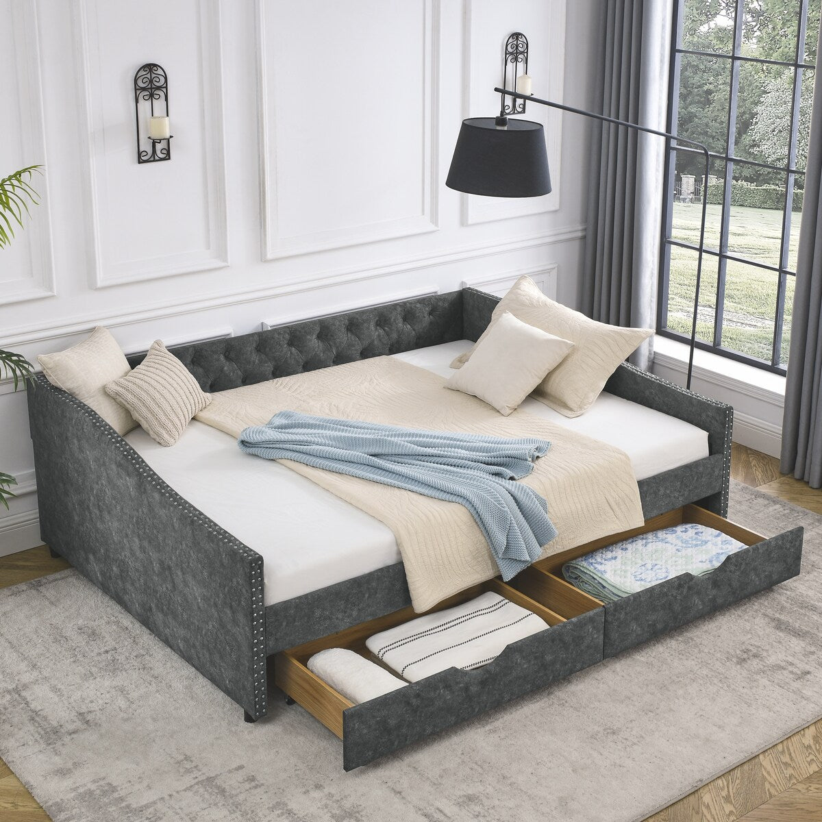 Daybed with Drawers Upholstered Tufted Sofa Bed,,with Button on Back and Copper Nail on Waved Shape Arms