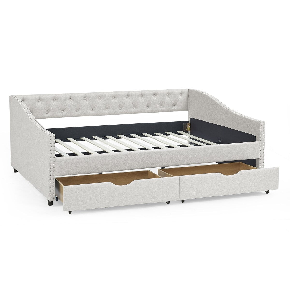 Daybed with Drawers Upholstered Tufted Sofa Bed,,with Button on Back and Copper Nail on Waved Shape Arms