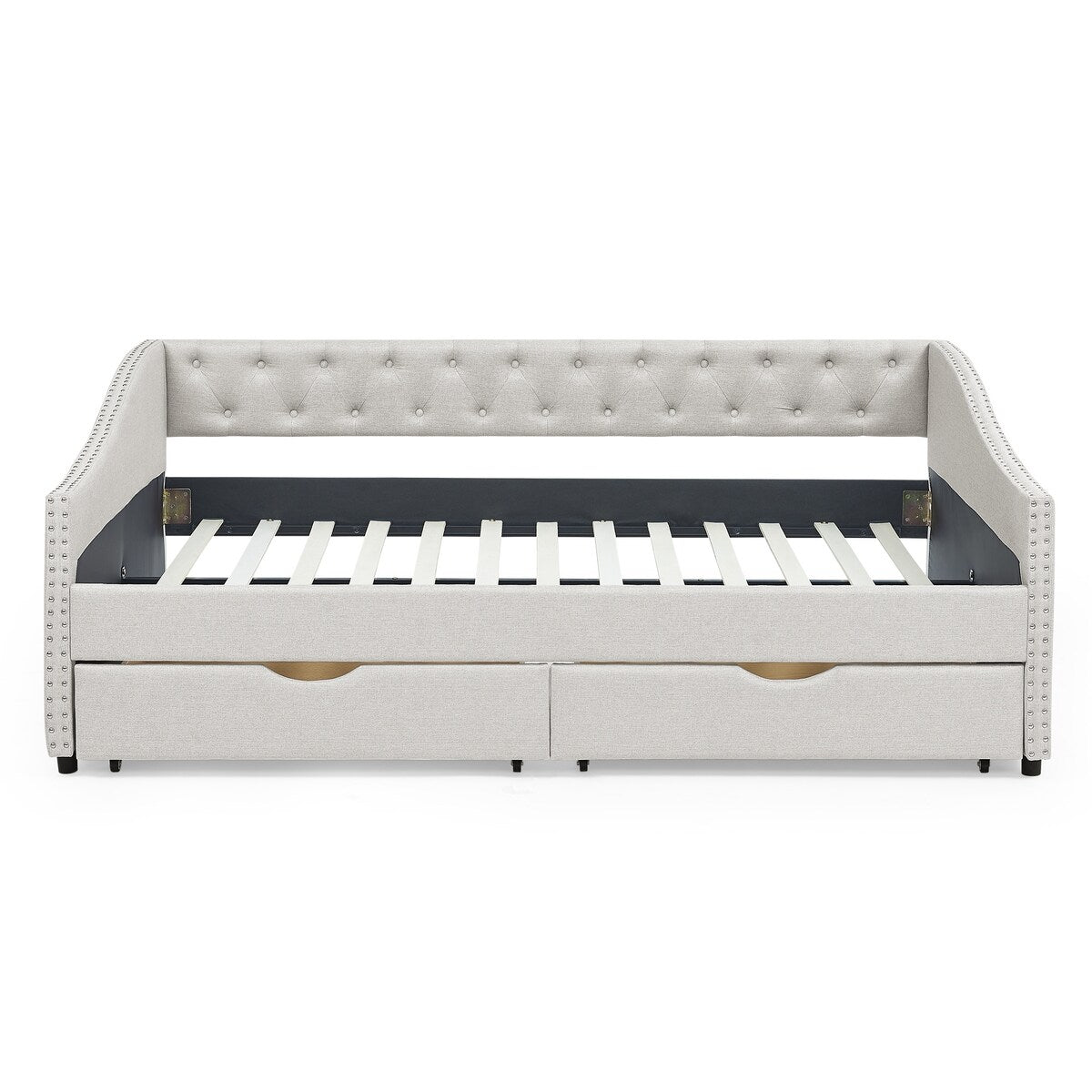 Daybed with Drawers Upholstered Tufted Sofa Bed,,with Button on Back and Copper Nail on Waved Shape Arms