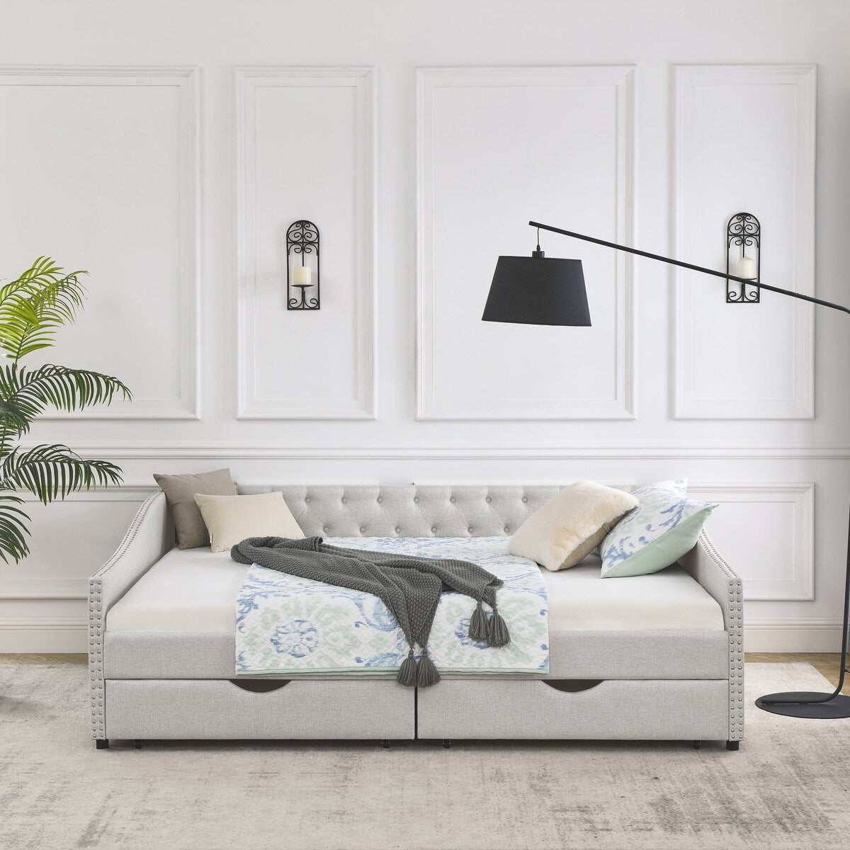 Daybed with Drawers Upholstered Tufted Sofa Bed,,with Button on Back and Copper Nail on Waved Shape Arms