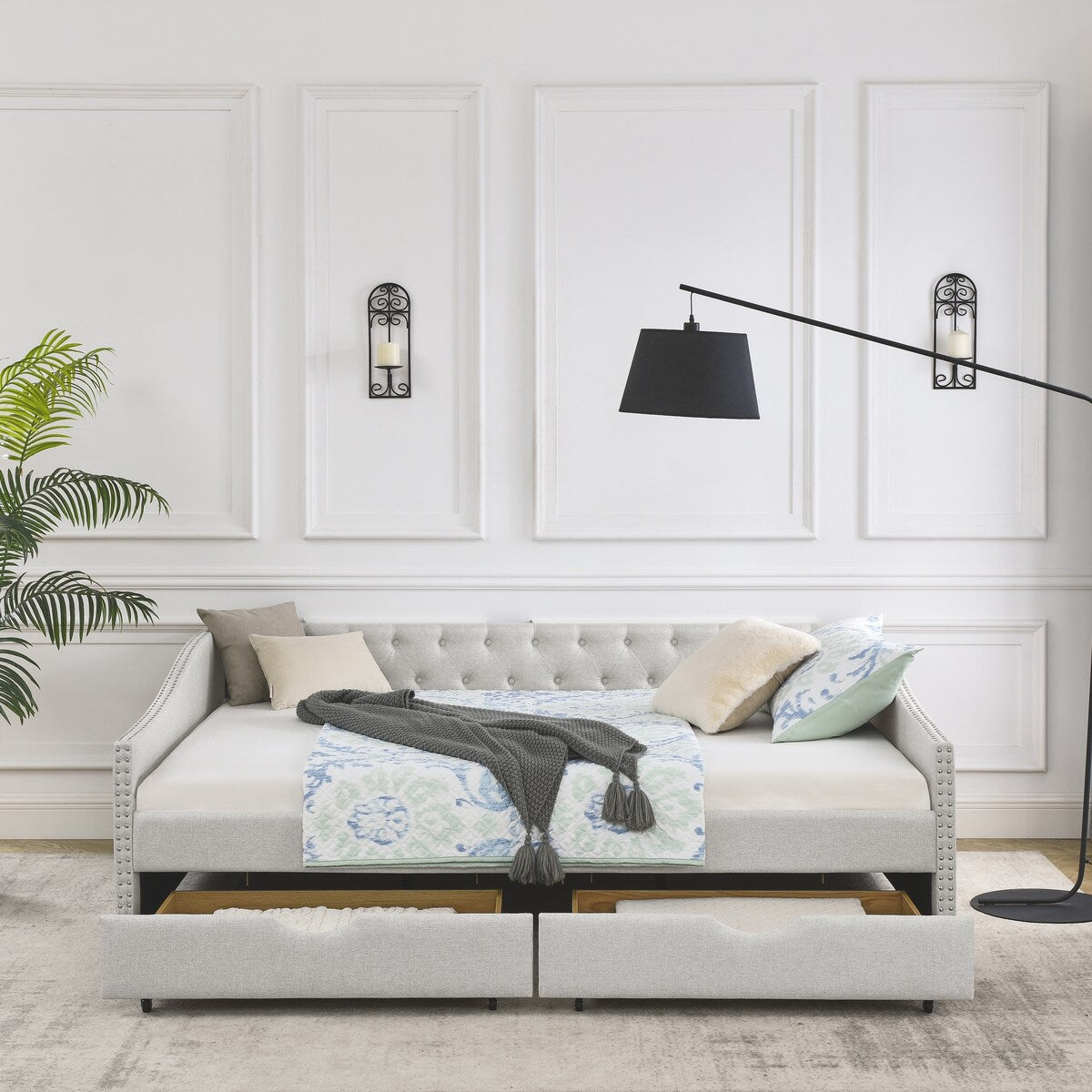 Daybed with Drawers Upholstered Tufted Sofa Bed,,with Button on Back and Copper Nail on Waved Shape Arms