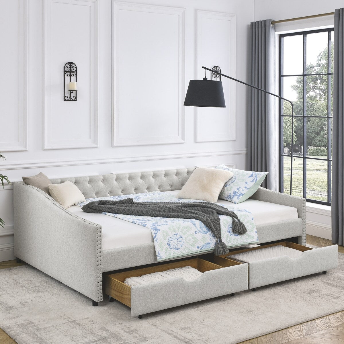 Daybed with Drawers Upholstered Tufted Sofa Bed,,with Button on Back and Copper Nail on Waved Shape Arms
