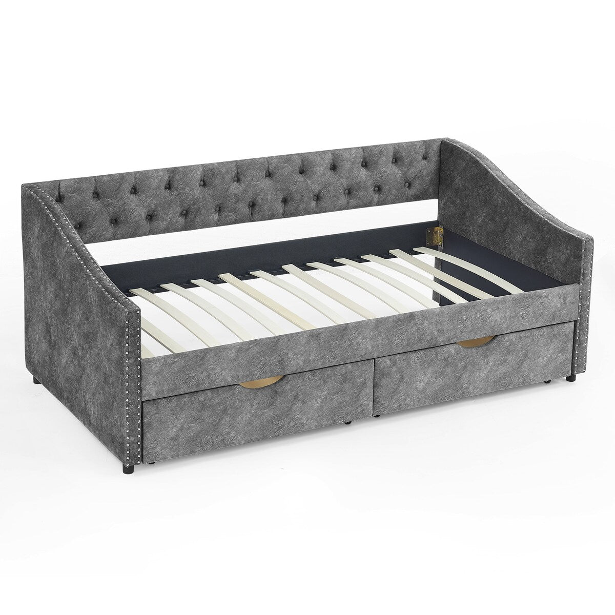 Daybed with Drawers Upholstered Tufted Sofa Bed,,with Button on Back and Copper Nail on Waved Shape Arms